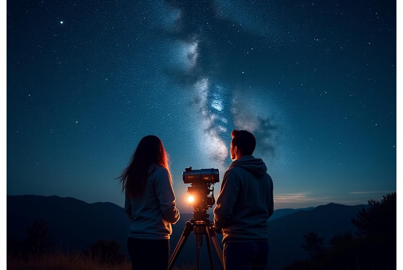 Two people looking through a telescope at a star-filled night sky, symbolizing our mission to bring the cosmos closer.