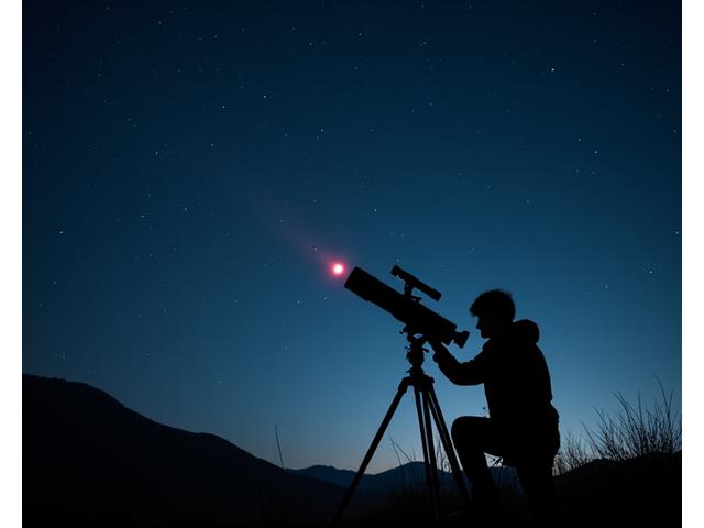 Person aligning a telescope under a starry sky