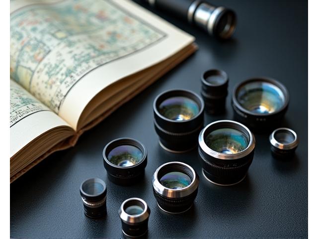 Various telescope eyepieces laid out next to a star map