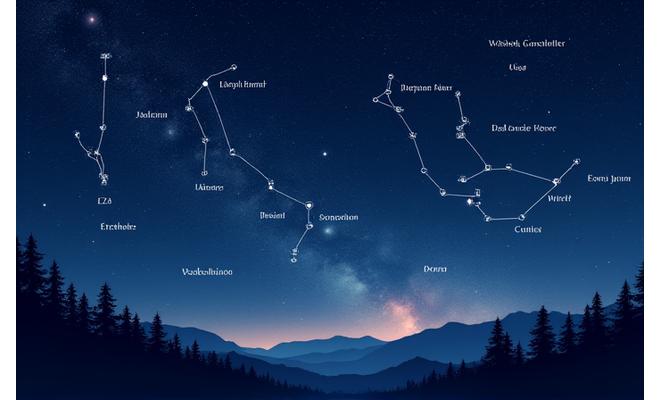 Illustration of constellations overlaid on a night sky